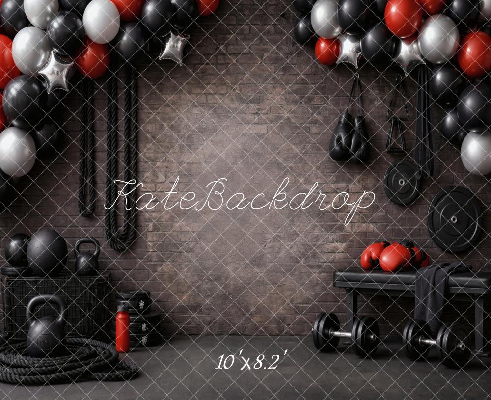 Kate Gym Equipment Balloons Brick Wall Fleece Backdrop Designed by Vertigo Productions - Image 3