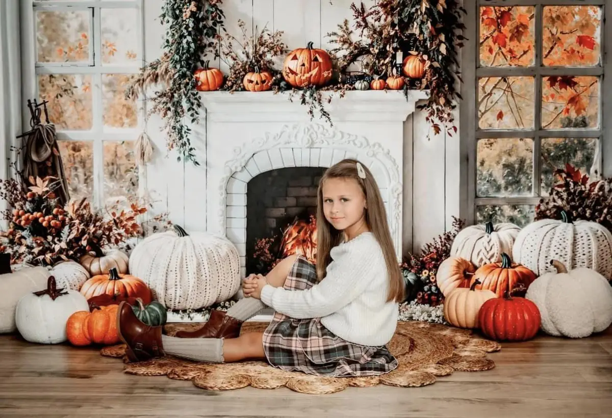 Kate Halloween Autumn White Fireplace Maple Leaves Backdrop Designed by Emetselch