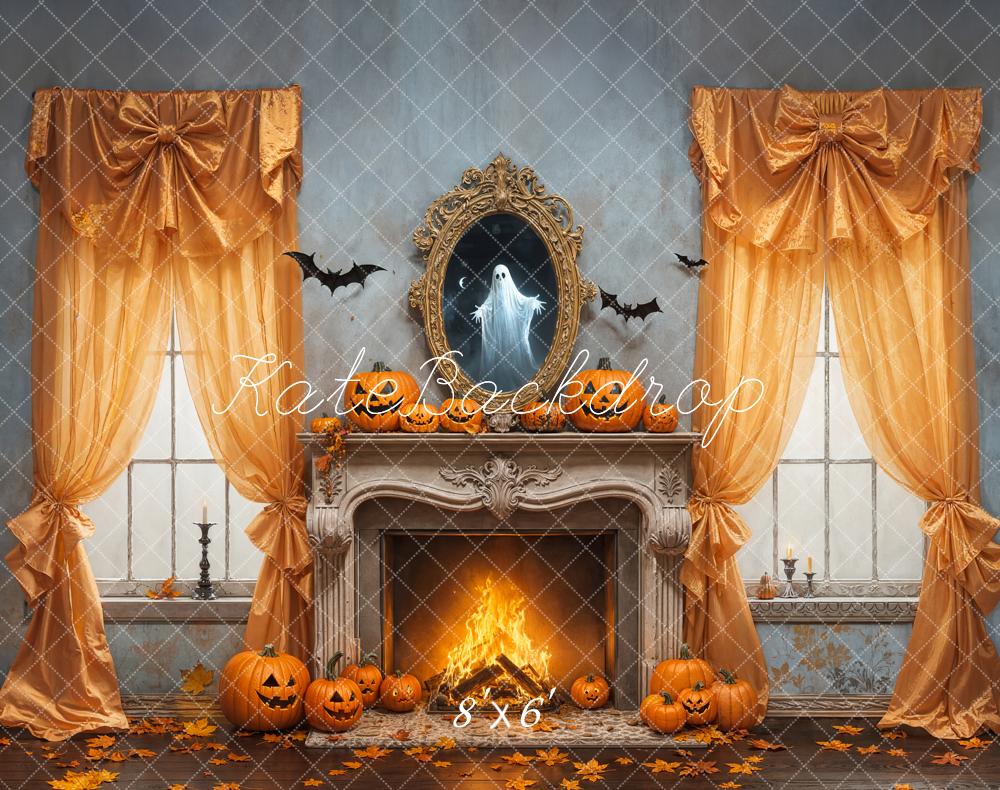 Kate Halloween Fireplace Ghost Pumpkins Bats Fleece Backdrop Designed by Emetselch