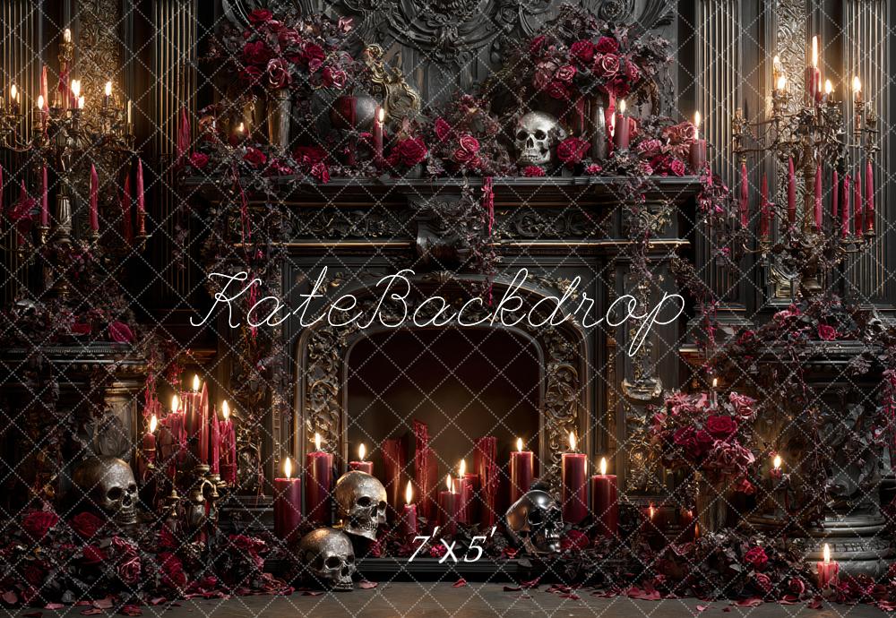 Kate Halloween Gothic Fireplace Skulls Candles Backdrop Designed by Ashley Paul