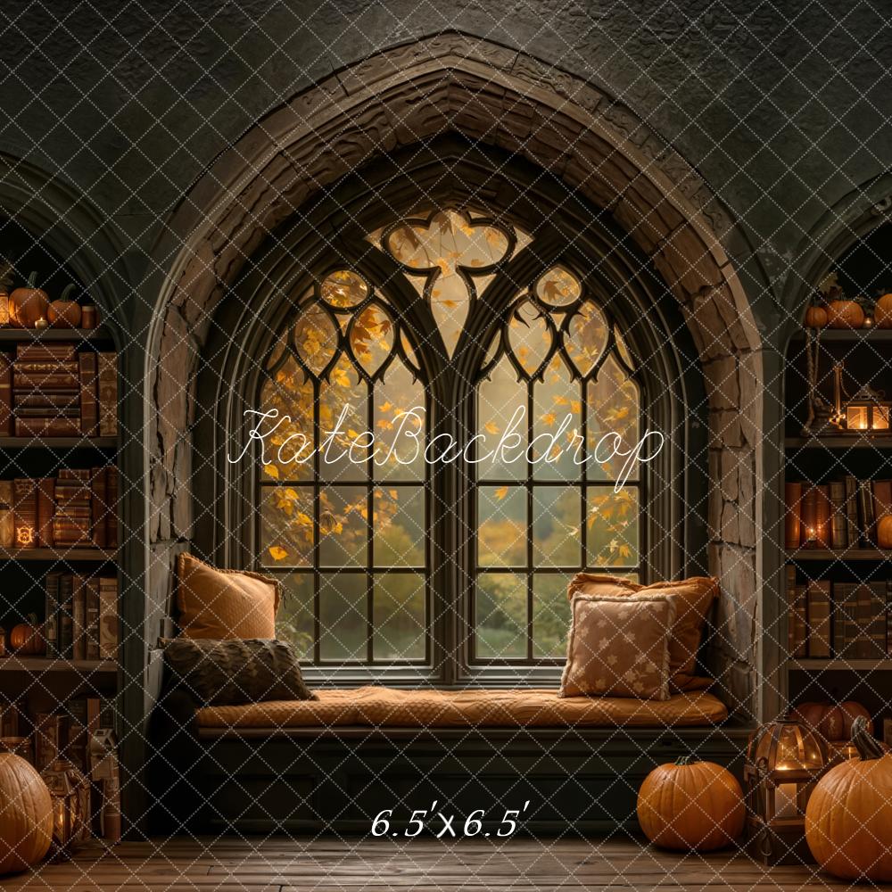 Kate Halloween Gothic Window Pumpkins Bookshelves Backdrop Designed by Emetselch - Image 2
