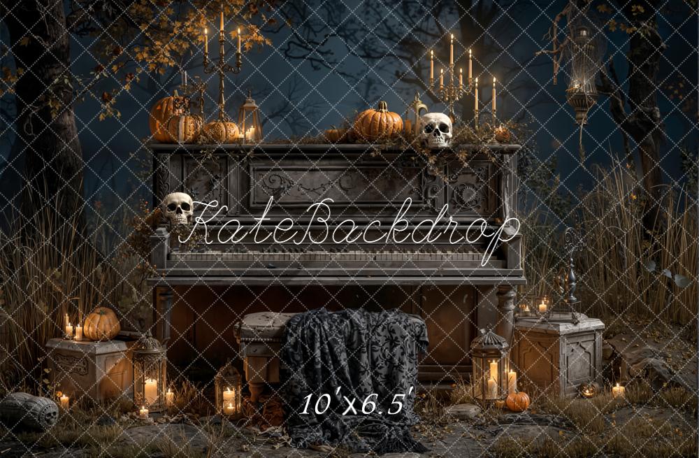 Kate Halloween Piano Pumpkins Candles Forest Fleece Backdrop Designed by Emetselch - Image 2