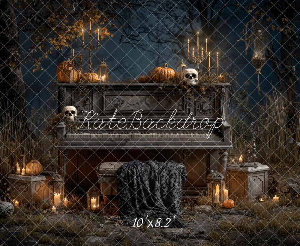 Kate Halloween Piano Pumpkins Candles Forest Fleece Backdrop Designed by Emetselch - Image 3