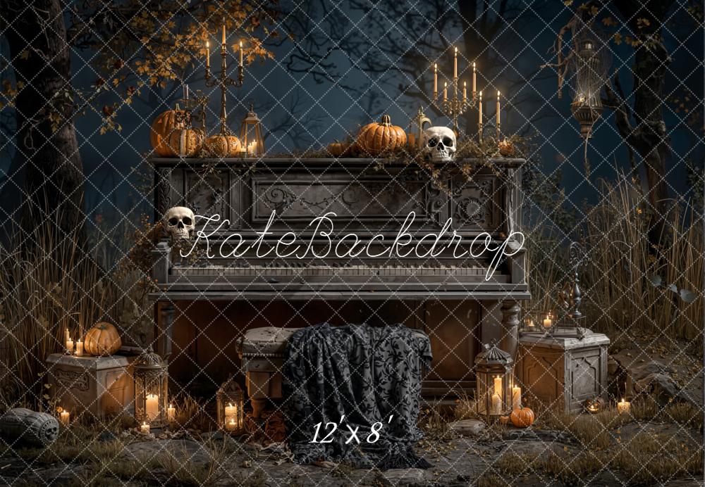 Kate Halloween Piano Pumpkins Candles Forest Fleece Backdrop Designed by Emetselch - Image 4