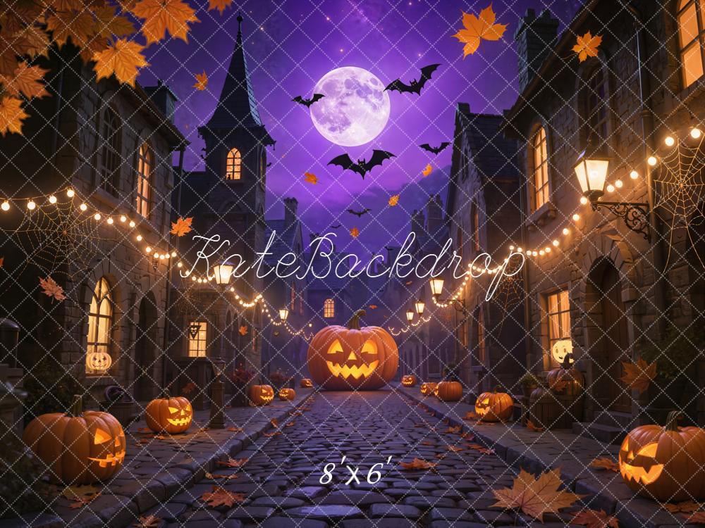 Kate Halloween Pumpkin Cobblestone Street Purple Backdrop Designed by Emetselch - Image 4