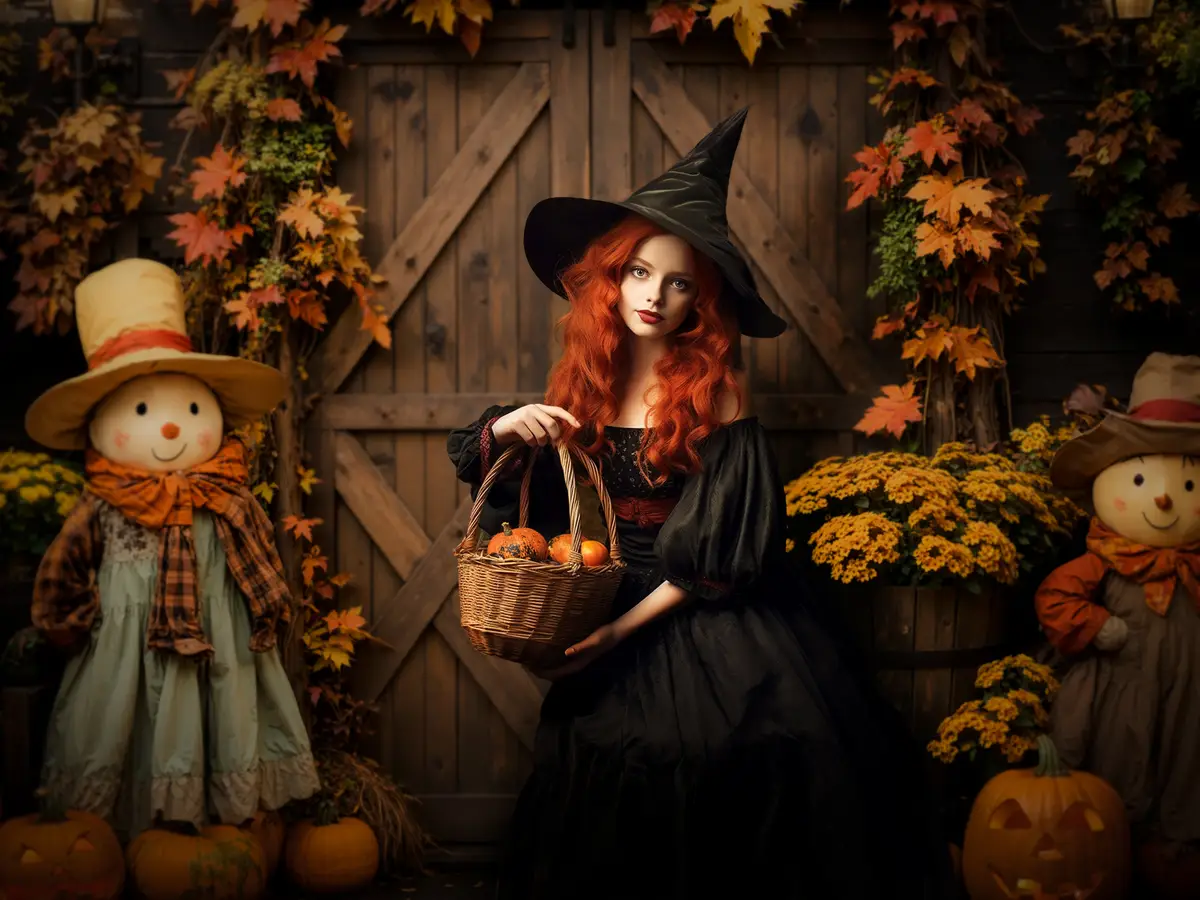 Kate Halloween Pumpkin Scarecrow Barn Door Backdrop Designed by Emetselch