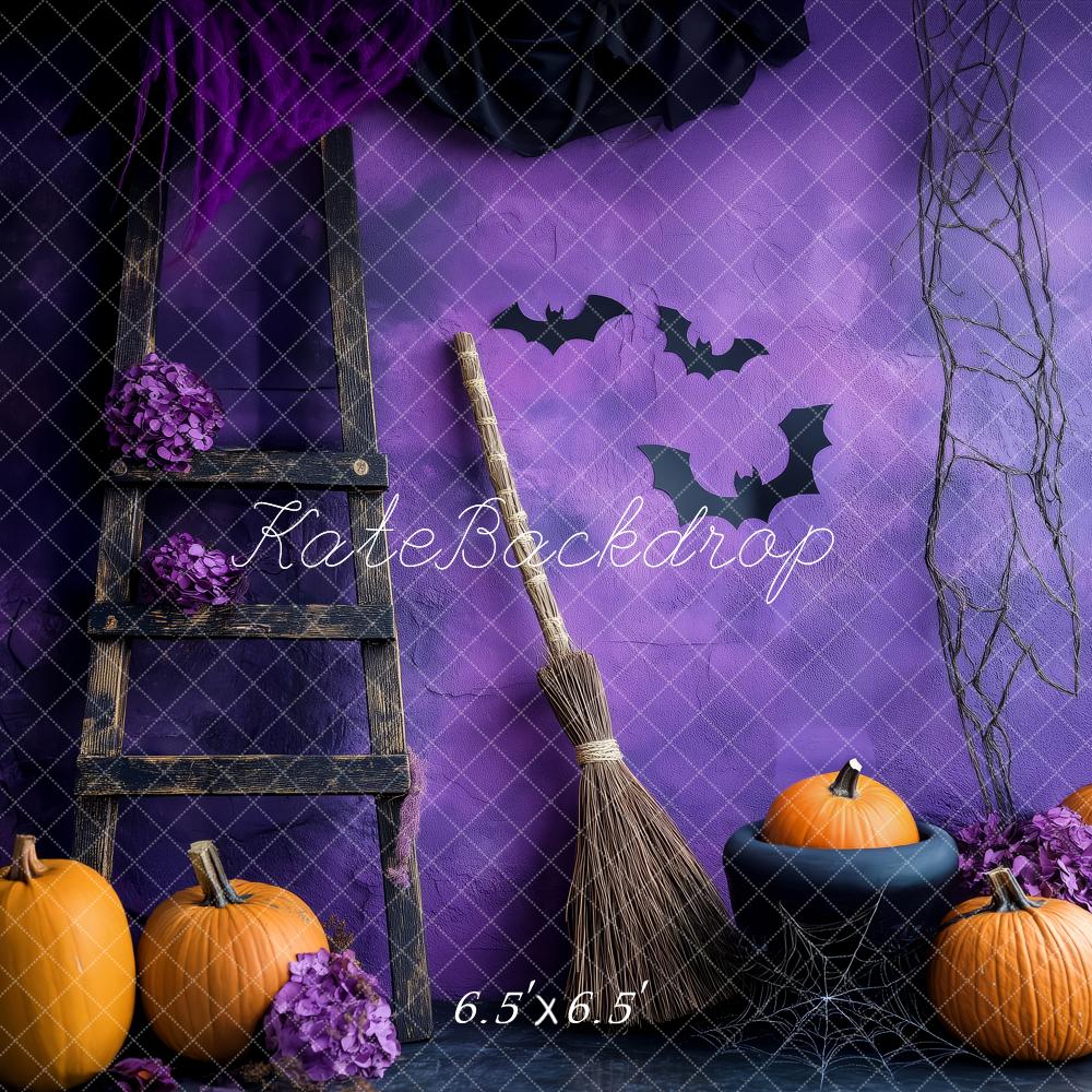 Kate Halloween Pumpkins Broom Ladder Purple Wall Backdrop Designed by Patty Robert - Image 2