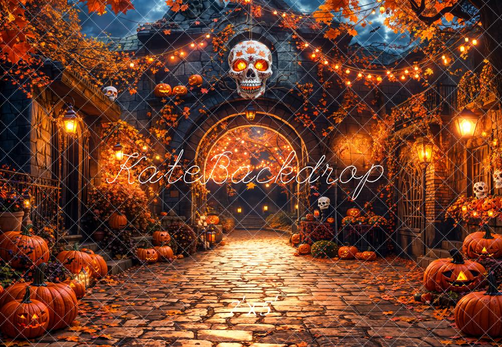 Kate Halloween Pumpkins Skull Cobblestone Path Backdrop Designed by Emetselch