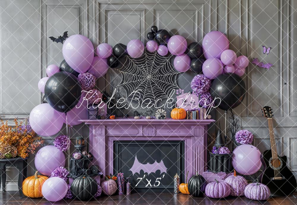Kate Halloween Purple Balloons Spiderweb Fireplace Backdrop Designed by Emetselch