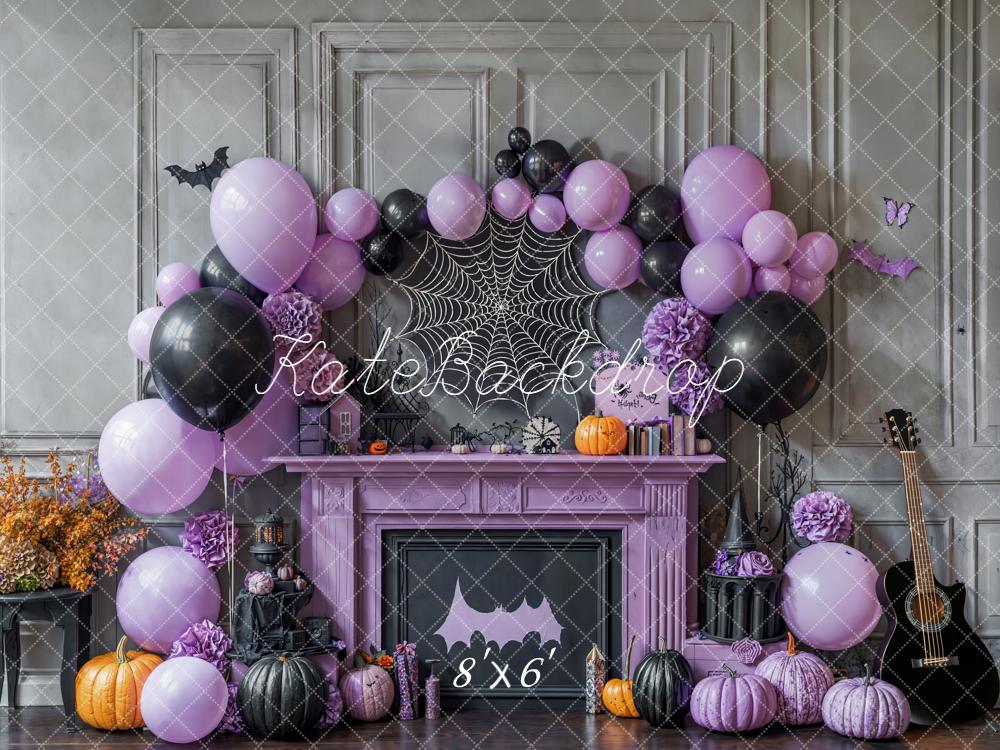 Kate Halloween Purple Balloons Spiderweb Fireplace Backdrop Designed by Emetselch - Image 3