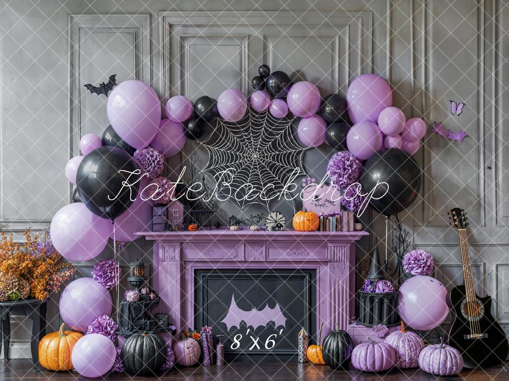 Kate Halloween Purple Fireplace Balloons Fleece Backdrop Designed by Emetselch