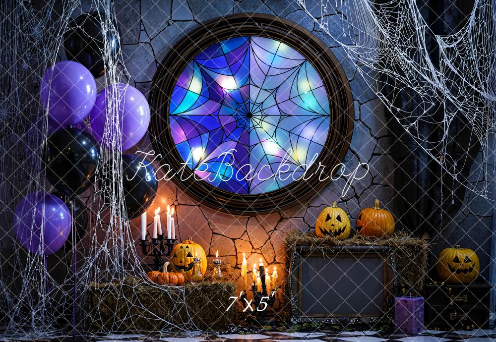 Kate Halloween Spider Web Pumpkins Balloons Backdrop Designed by Emetselch