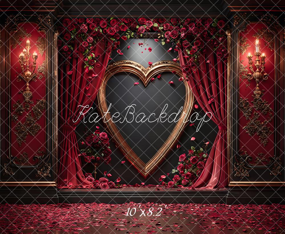 Kate Heart Frame Red Curtains Roses Fleece Backdrop Designed by Emetselch - Image 3