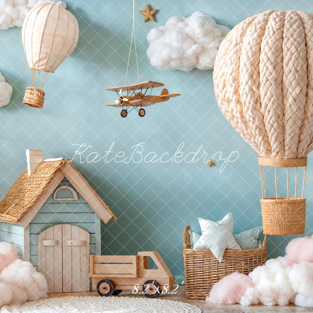 Kate Hot Air Balloon Aeroplane Clouds Blue Backdrop Designed by Emetselch - Image 5