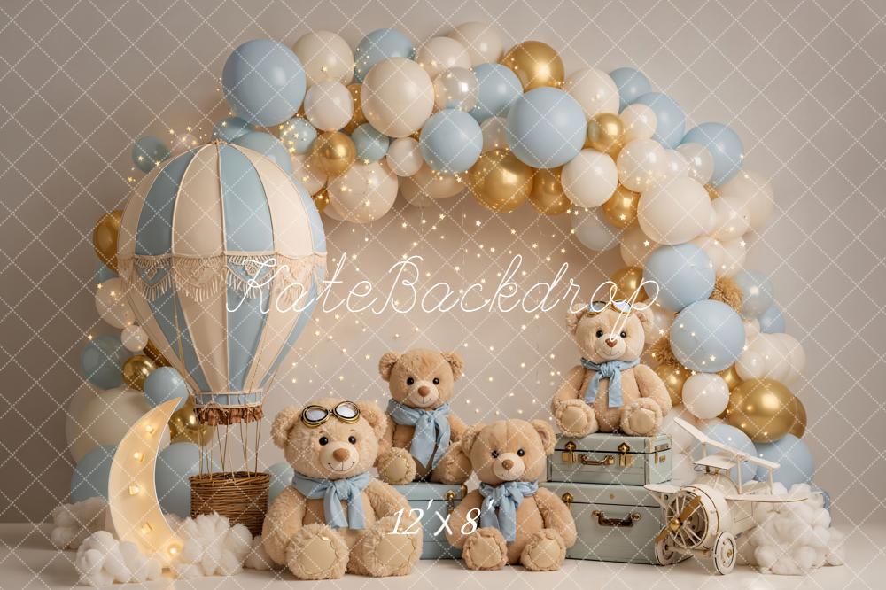 Kate Hot Air Balloon Teddy Bears Blue Balloons Fleece Backdrop Designed by Emetselch - Image 4