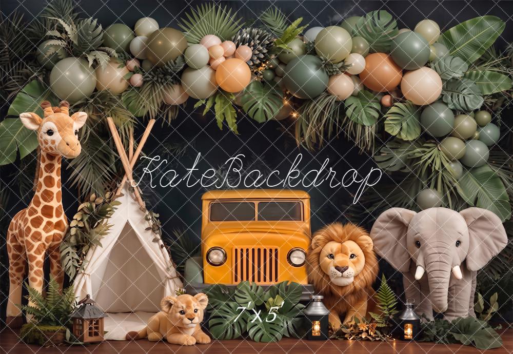 Kate Jungle Safari Jeep Lion Elephant Giraffe Backdrop Designed by Chain Photography