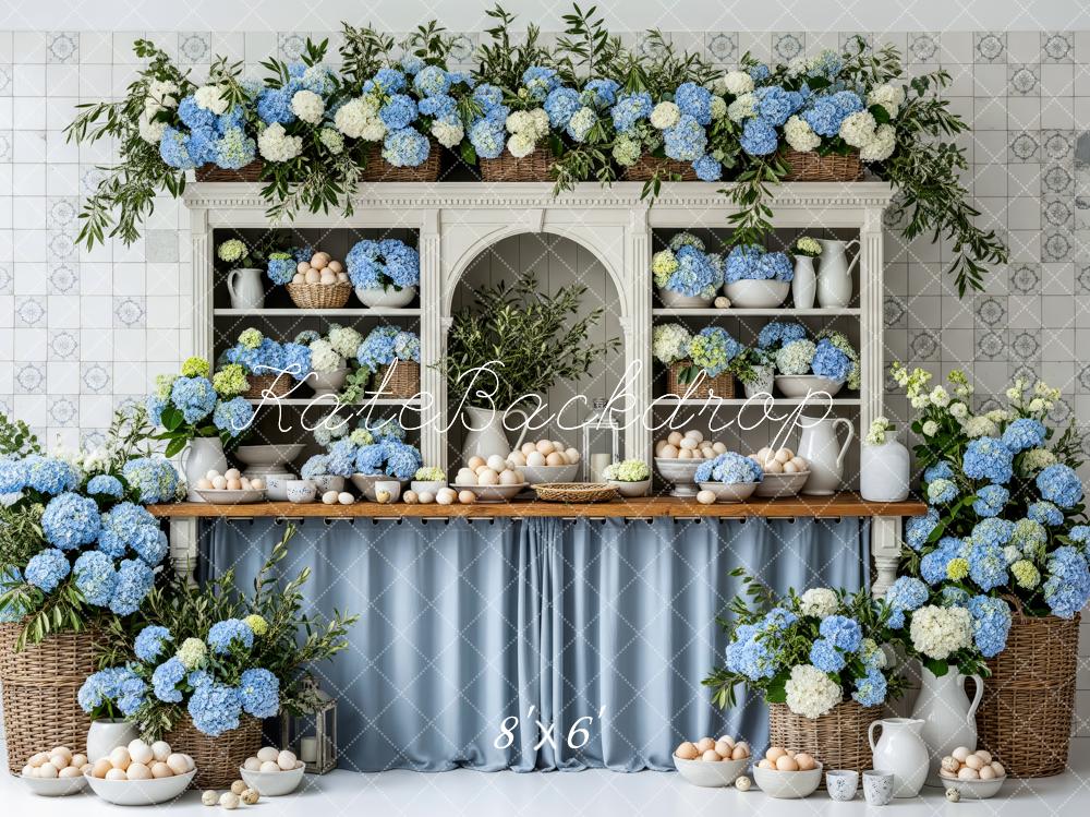 Kate Kitchen Shelves Blue Hydrangeas Eggs Fleece Backdrop Designed by Patty Robert