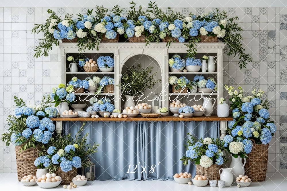 Kate Kitchen Shelves Blue Hydrangeas Eggs Fleece Backdrop Designed by Patty Robert - Image 4
