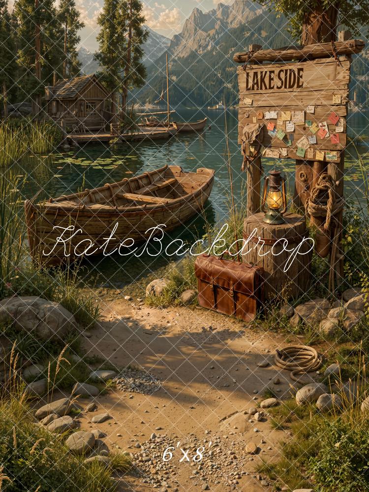 Kate Lakeside Boat Mountain Cabin Fleece Backdrop Designed by Emetselch