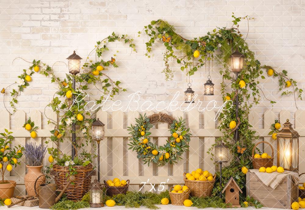 Kate Lemon Garland Lanterns White Brick Backdrop Designed by Emetselch