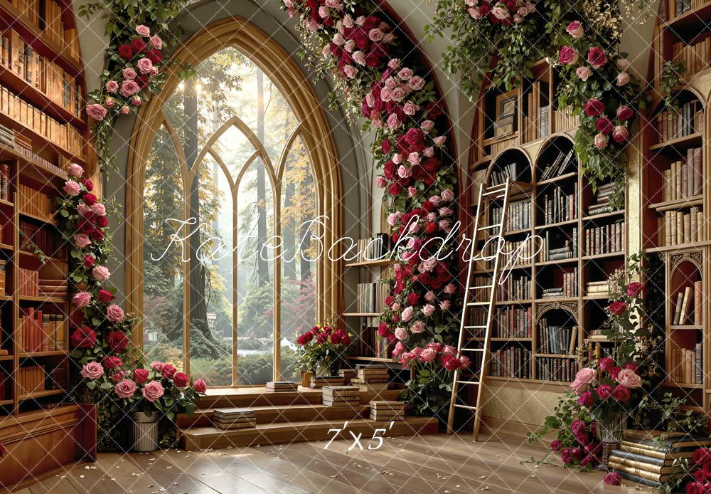Kate Library Books Arched Window Rose Garland Backdrop Designed by Mini MakeBelieve
