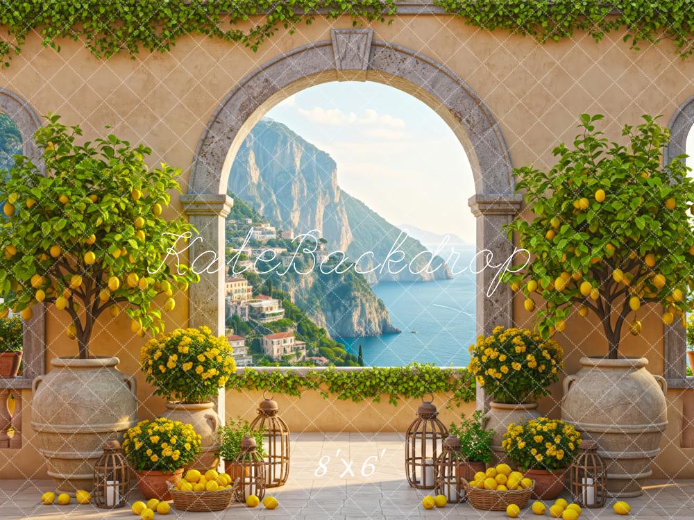 Kate Mediterranean Arch Lemons Sea View Fleece Backdrop Designed by Patty Robert