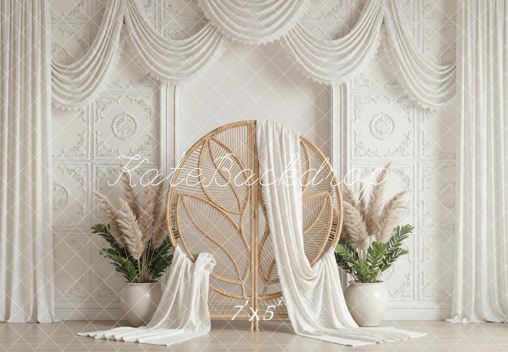 Kate Boho White Drapes Rattan Chair Backdrop Designed by Mini MakeBelieve