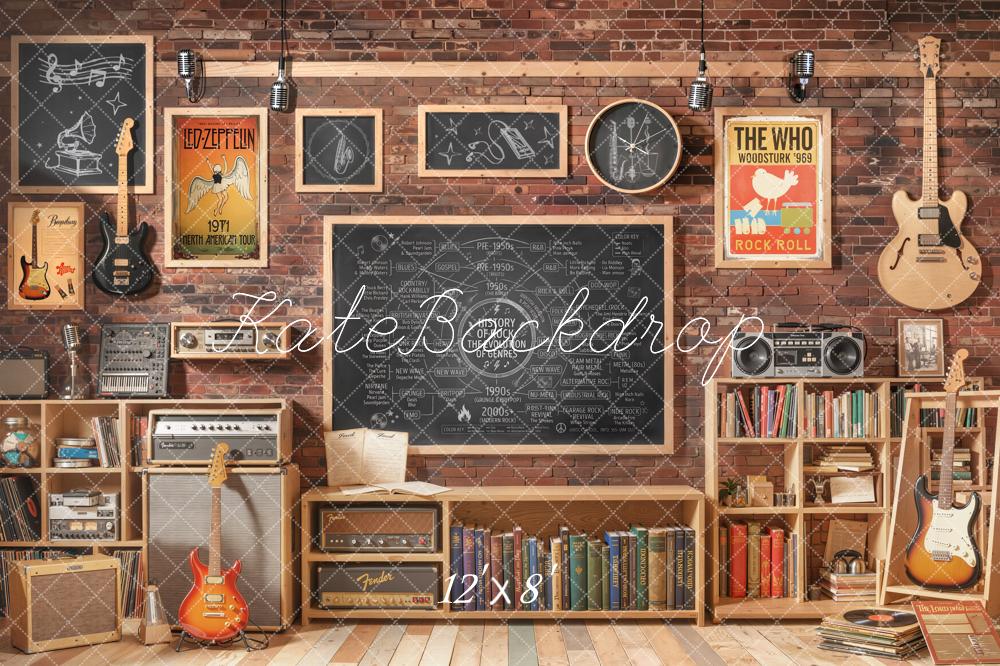Kate Music Classroom Brick Wall Chalkboard Guitars Fleece Backdrop Designed by Emetselch - Image 4