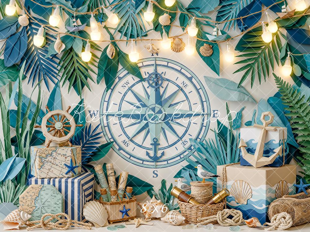 Kate Nautical Compass Anchor Tropical Leaves Fleece Backdrop Designed by Emetselch