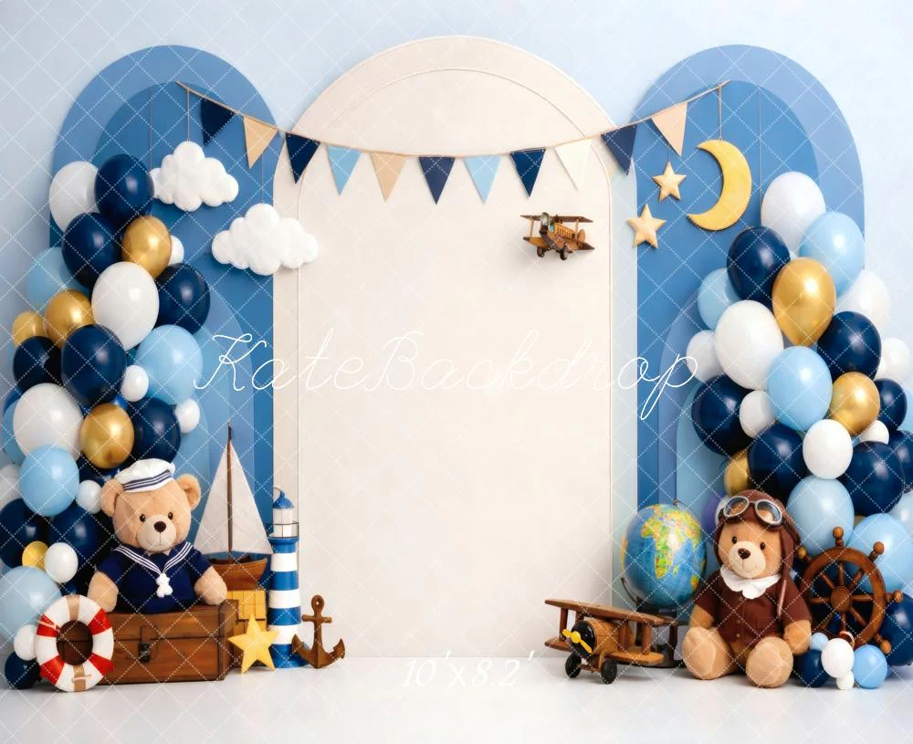 Kate Nautical Teddy Bears Aeroplane Balloons Fleece Backdrop Designed by Vertigo Productions - Image 3