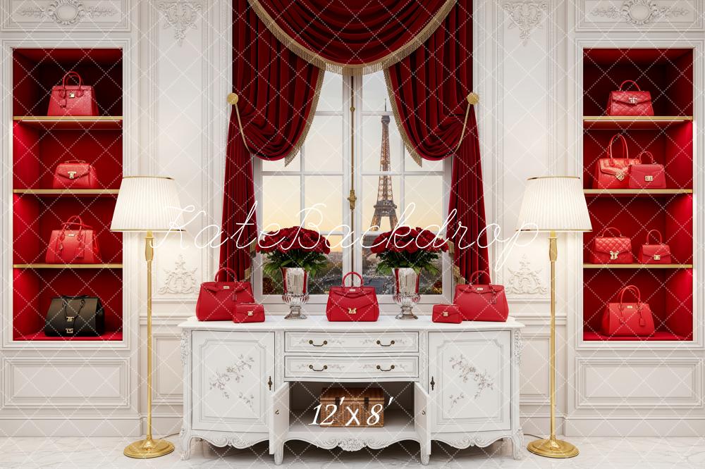 Kate Paris Handbags Red Shelves White Drawer Backdrop Designed by Patty Robert - Image 8