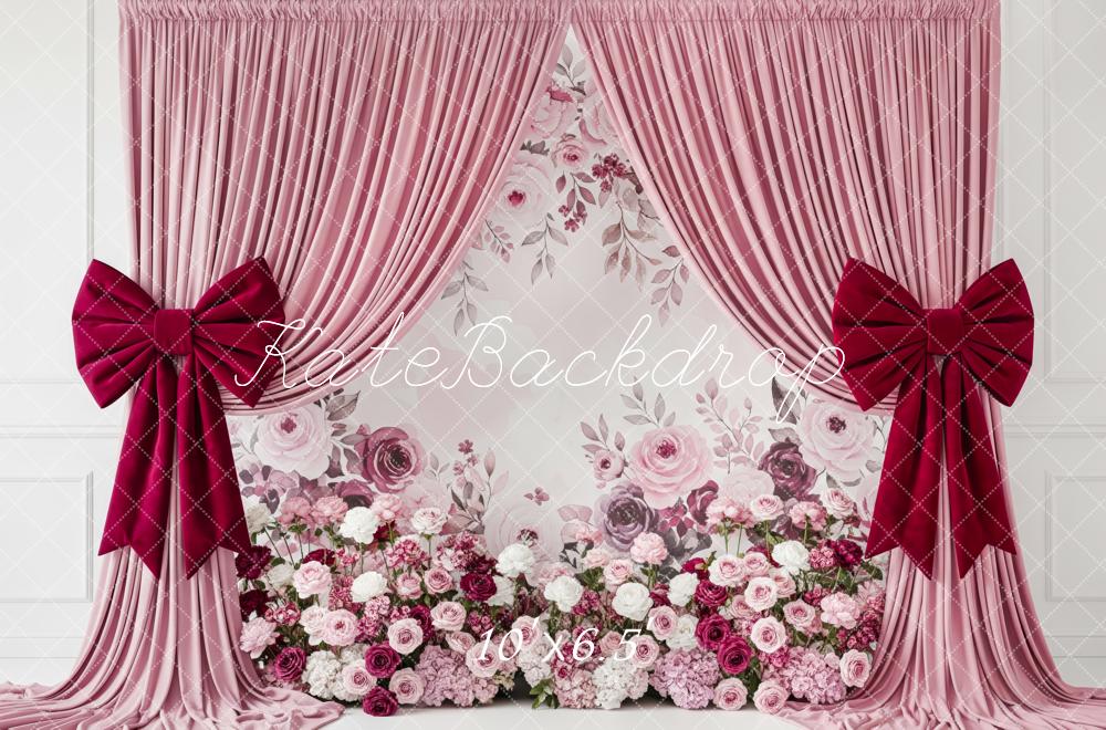 Kate Pink Curtains Red Bows Floral Wall Backdrop Designed by Patty Robert - Image 4
