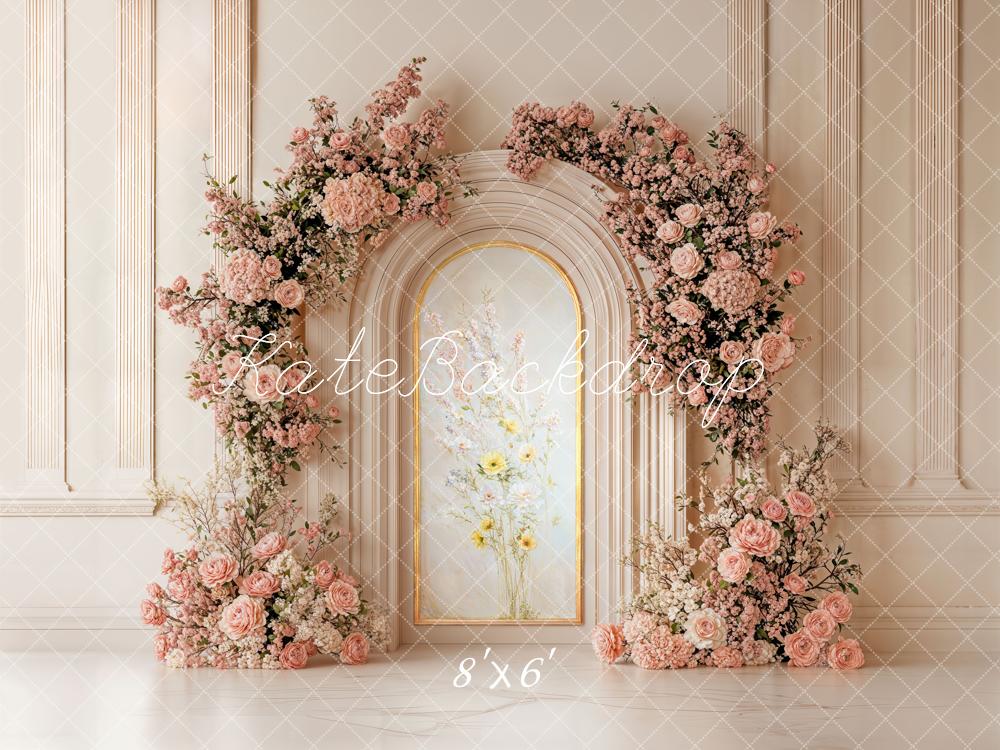 Kate Pink Floral Arch Wall Fleece Backdrop Designed by Chain Photography