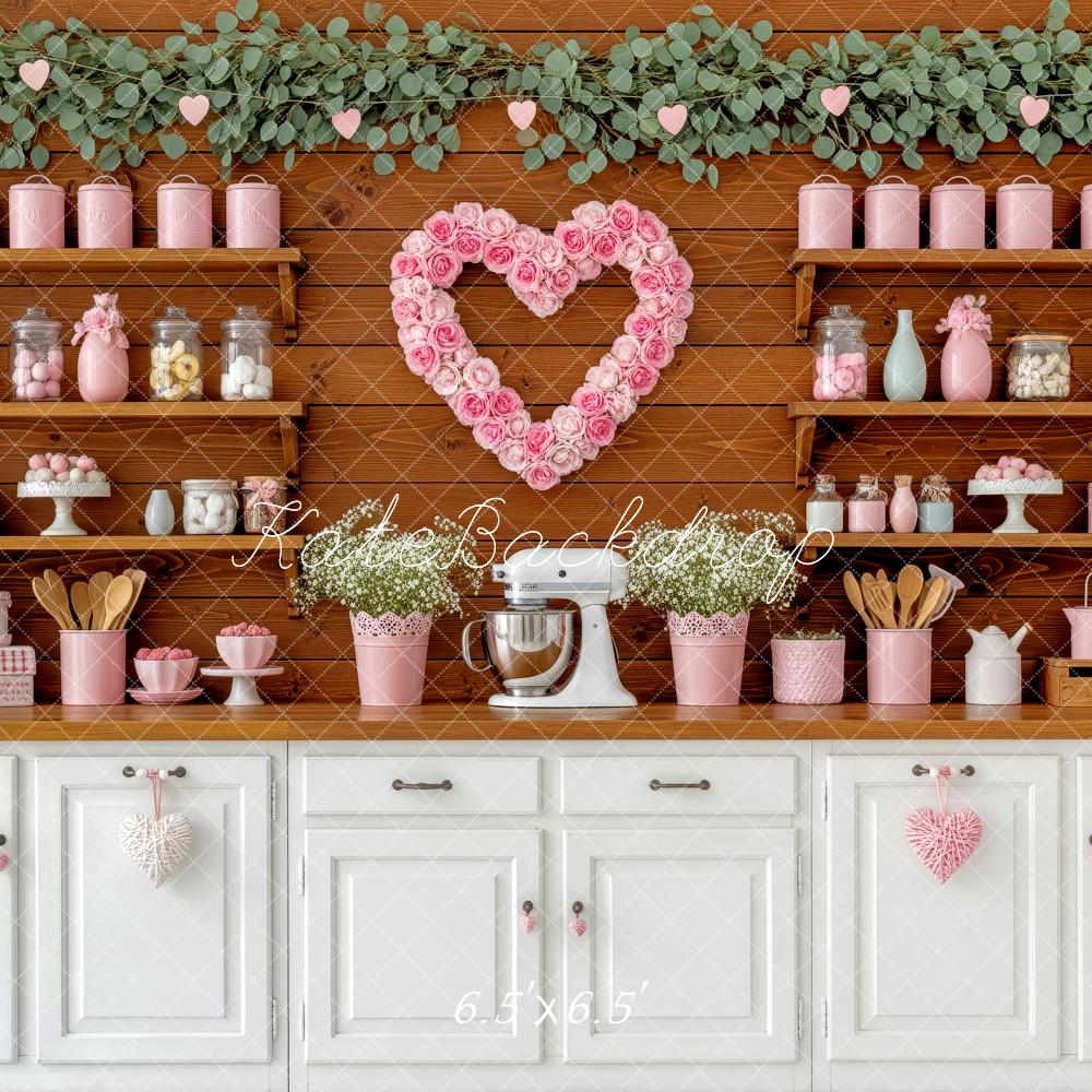 Kate Valentine Pink Floral Heart Kitchen Shelves Backdrop Designed by Patty Robert - Image 2