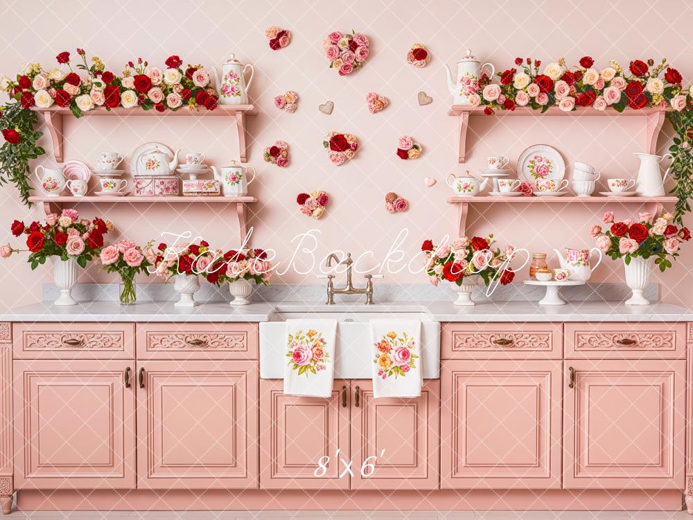 Kate Pink Floral Kitchen Vintage Cabinet Fleece Backdrop Designed by Patty Robert