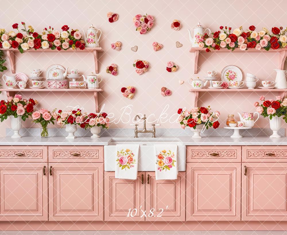 Kate Pink Floral Kitchen Vintage Cabinet Fleece Backdrop Designed by Patty Robert - Image 3