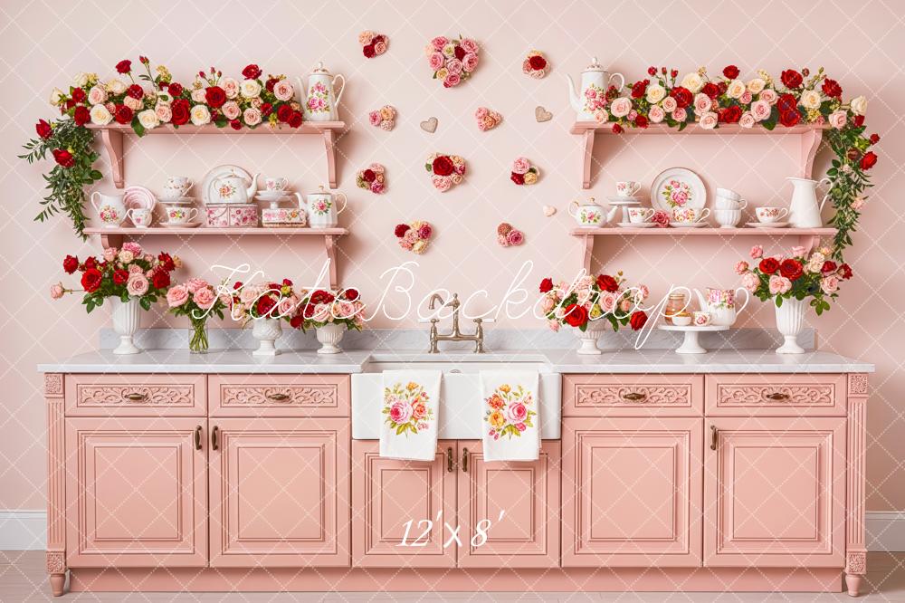 Kate Pink Floral Kitchen Vintage Cabinet Fleece Backdrop Designed by Patty Robert - Image 4