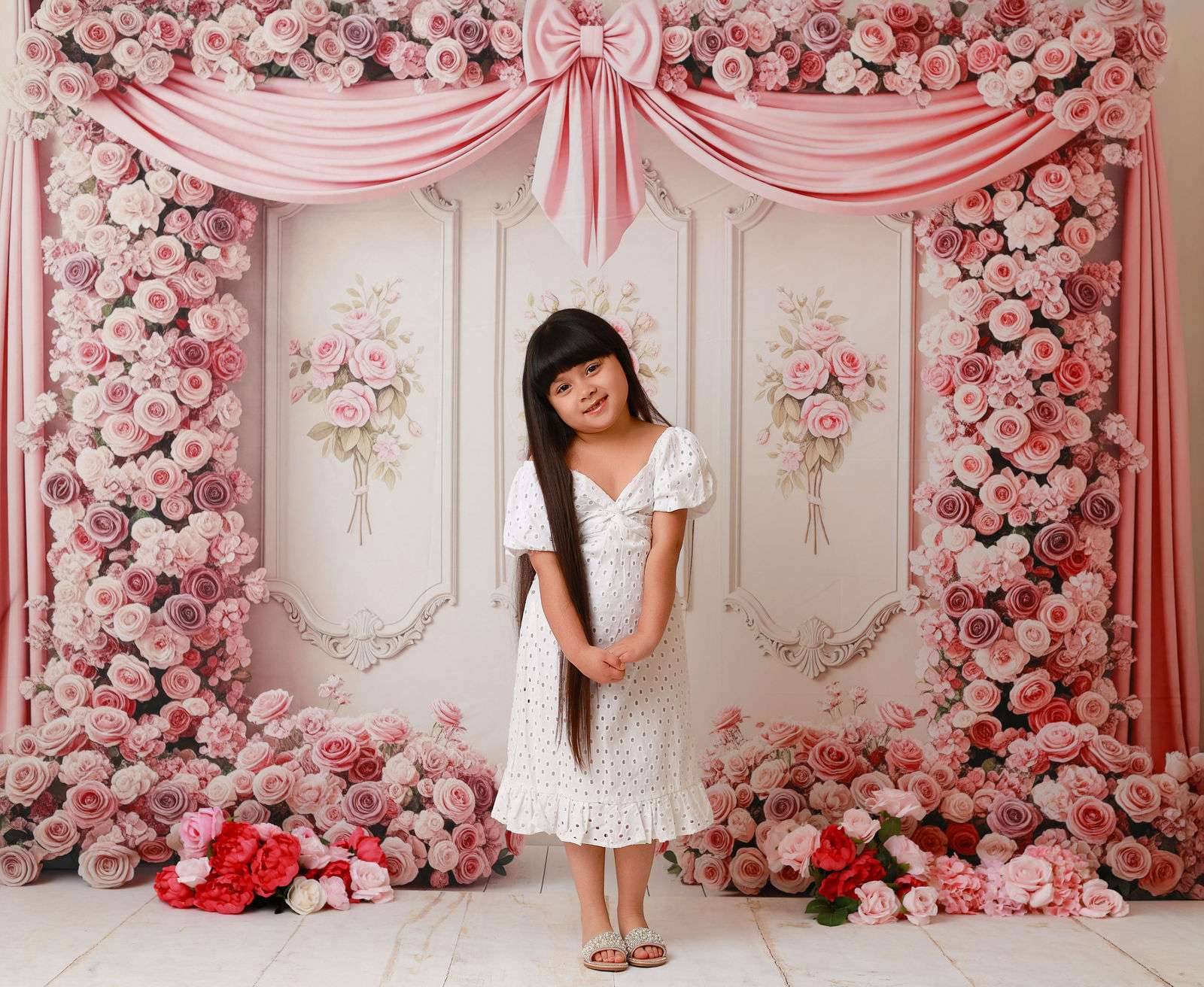 Kate Wedding Pink Roses Bow Wall Drapes Backdrop Designed by Patty Robert - Image 3