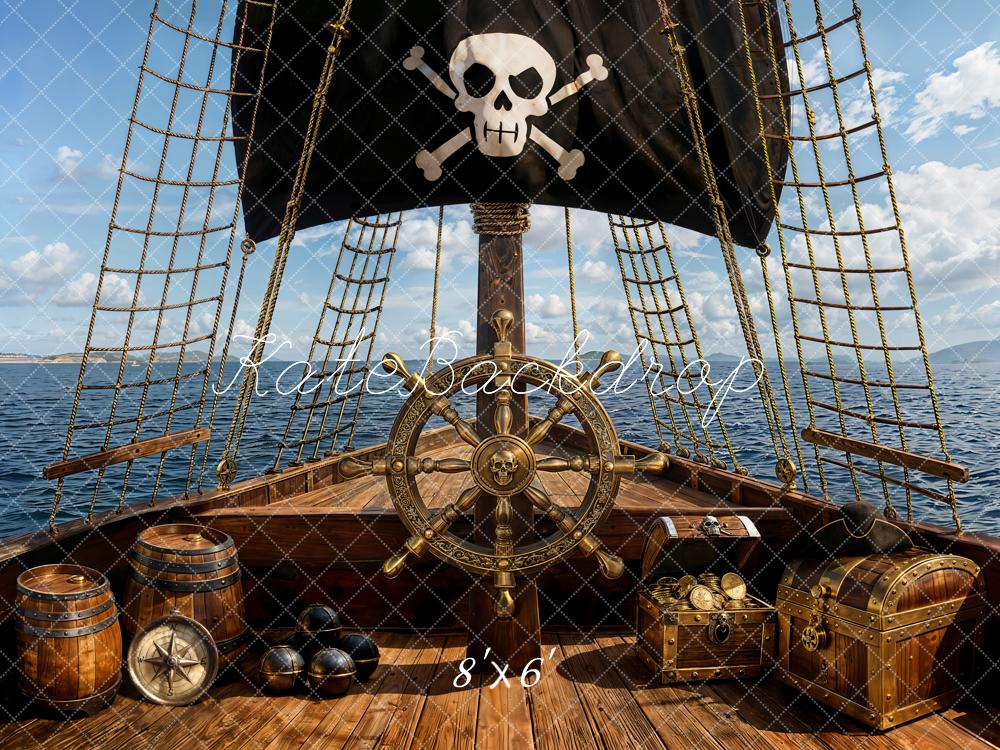 Kate Pirate Ship Wheel Treasure Chests Fleece Backdrop Designed by Emetselch