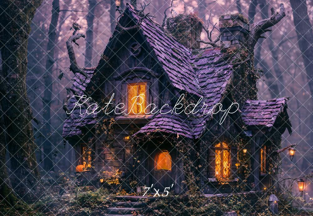 Kate Purple Halloween Night Old Cabin Forest Backdrop Designed by Emetselch