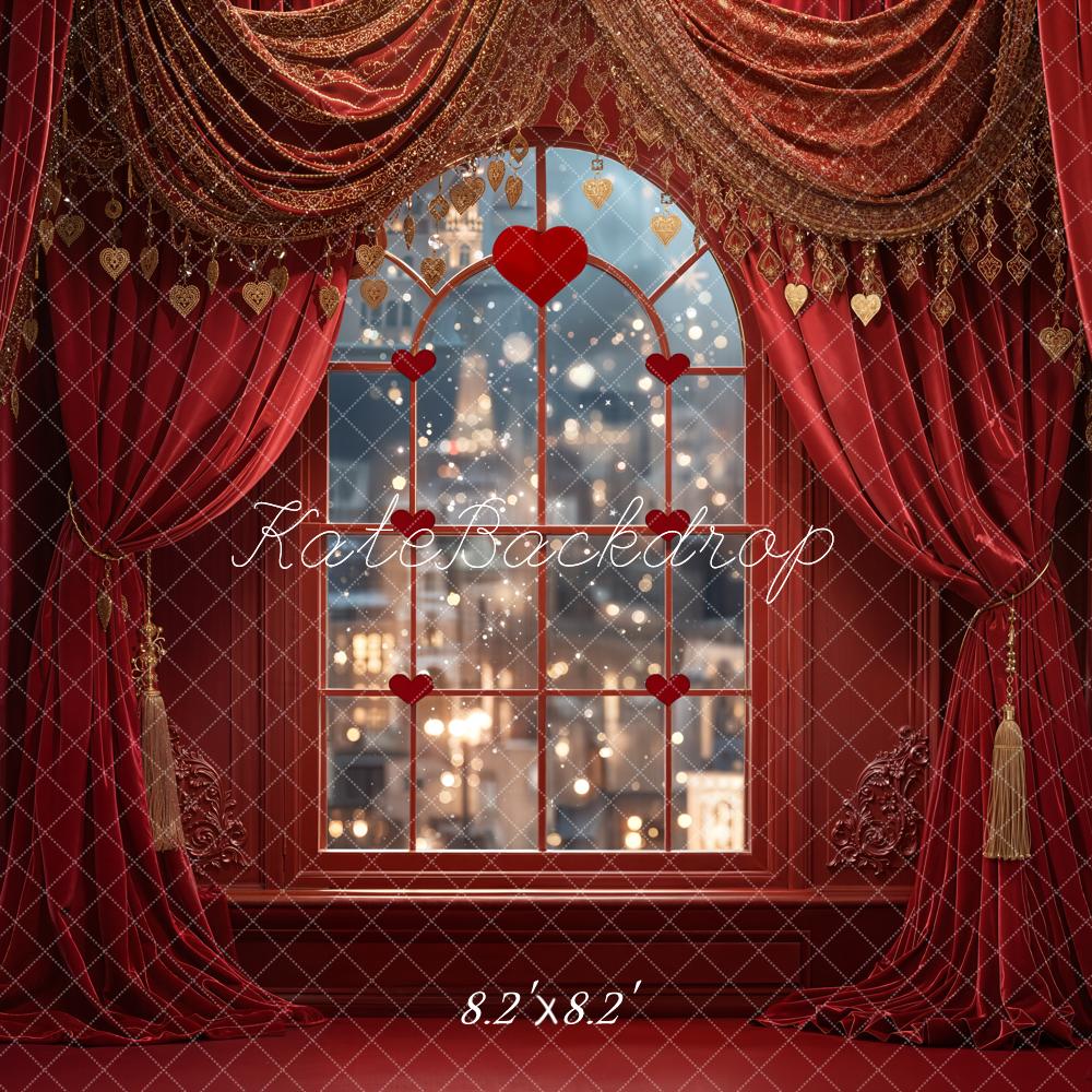 Kate Valentine Red Curtains Window City Lights Backdrop Designed by Emetselch - Image 5