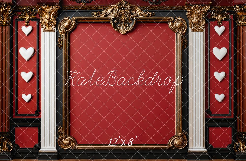 Kate Red Ornate Gold Frame Columns Hearts Fleece Backdrop Designed by Emetselch - Image 4