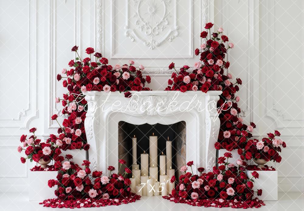 Kate Red Pink Roses Fireplace White Wall Backdrop Designed by Mini MakeBelieve