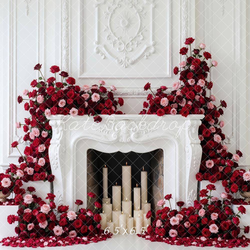 Kate Red Pink Roses Fireplace White Wall Backdrop Designed by Mini MakeBelieve - Image 2