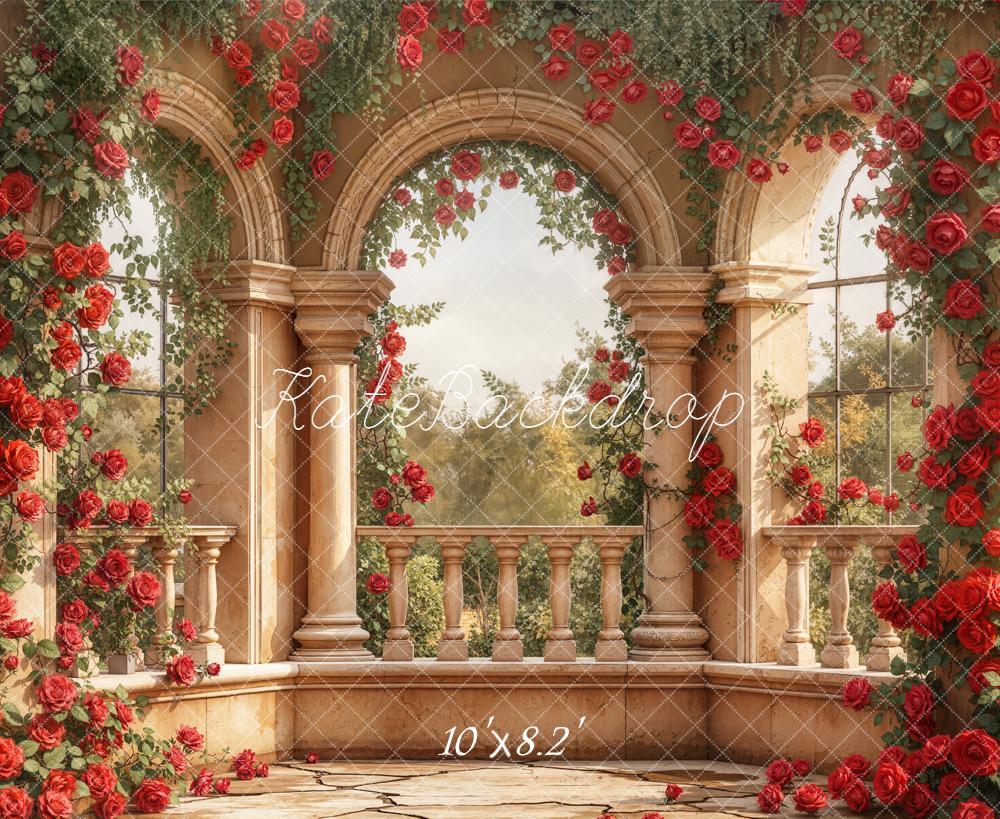 Kate Red Roses Stone Balcony Arches Backdrop Designed by Emetselch - Image 6