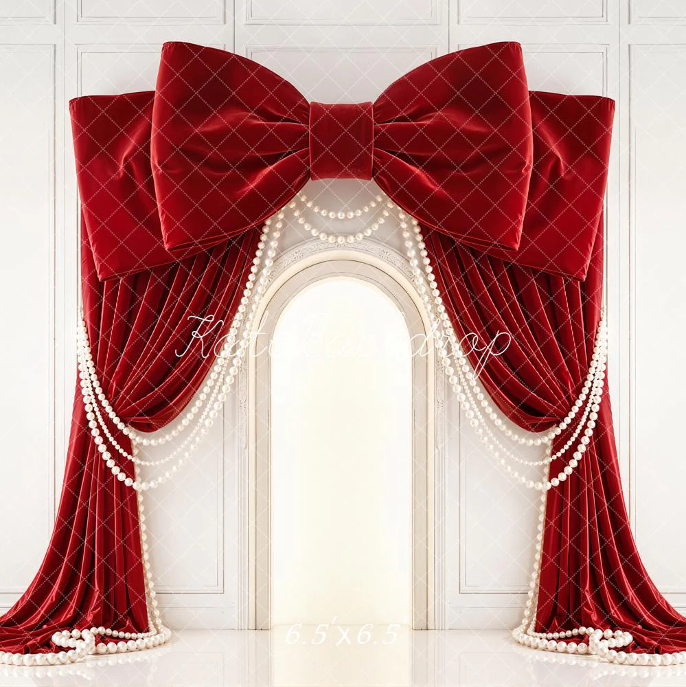 Kate Red Velvet Bow Curtains Pearls Backdrop Designed by Emetselch - Image 2