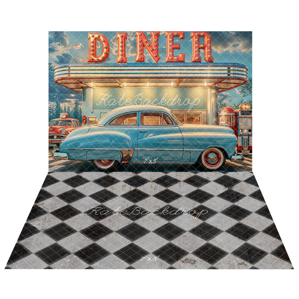 Kate Retro Diner Blue Car Backdrop+Black White Dirty Grid Floor Backdrop