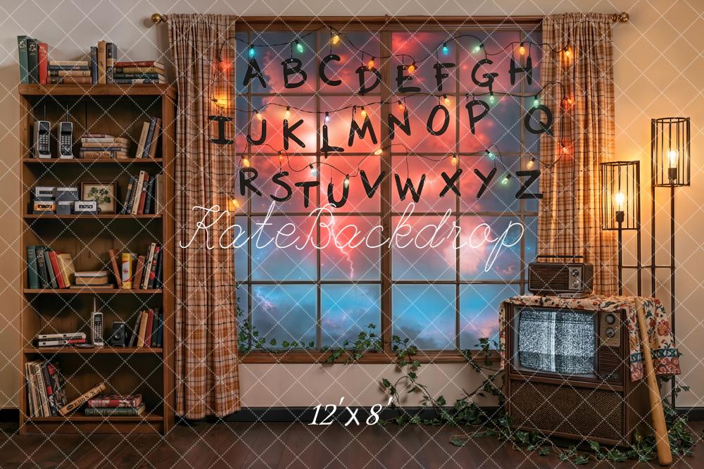 Kate Retro Living Room Alphabet String Lights Fleece Backdrop Designed by Emetselch - Image 4