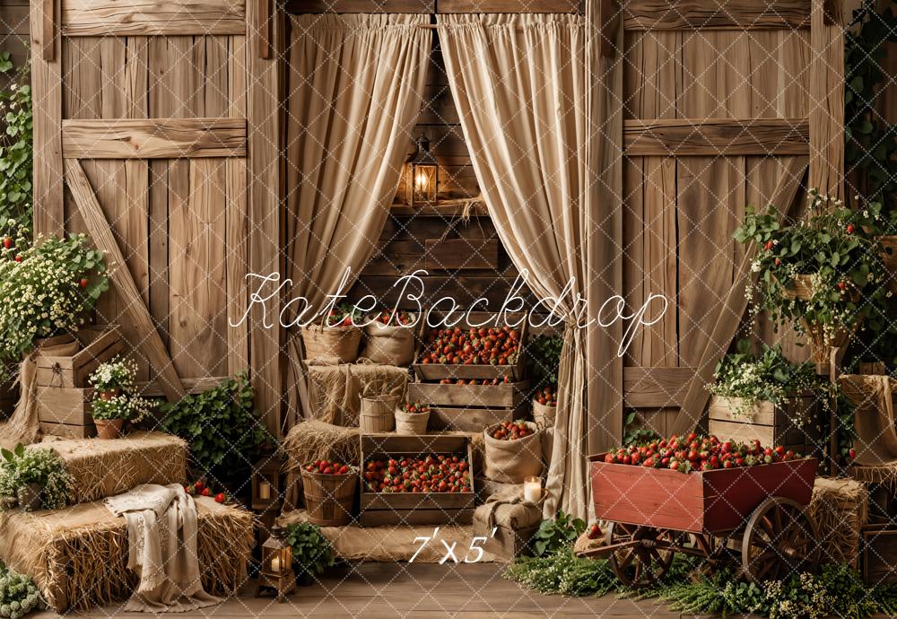 Kate Spring Rustic Barn Strawberries Hay Bale Backdrop Designed by Emstselch