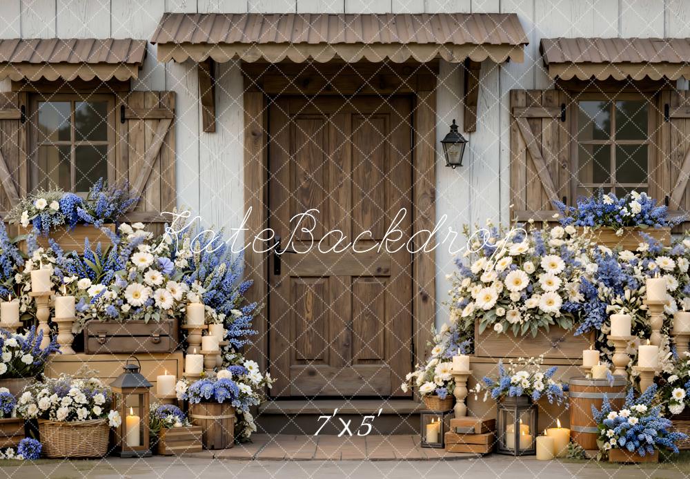 Kate Rustic Door Wooden Blue White Flowers Backdrop Designed by Mini MakeBelieve